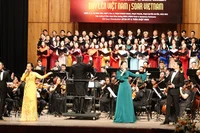 Các nghệ sĩ biểu diễn ca khúc Rạng rỡ Việt Nam (sáng tác Nguyễn Quang Vinh) trong đêm khai mạc. (Ảnh MẠNH HẢO)