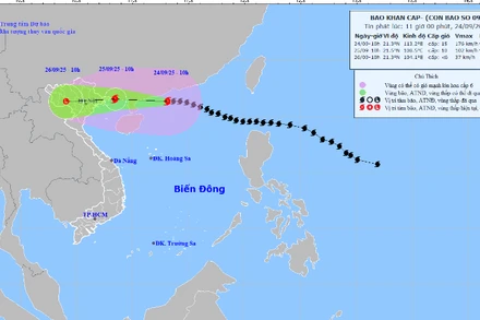 Bản đồ dự báo quỹ đạo và cường độ bão số 9 phát lúc 11 giờ ngày 24/9.
