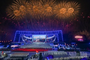Pháo hoa rực sáng trên bầu trời Thủ đô Hà Nội chào mừng thành công Đại hội đại biểu toàn quốc lần thứ XIV Đảng Cộng sản Việt Nam.