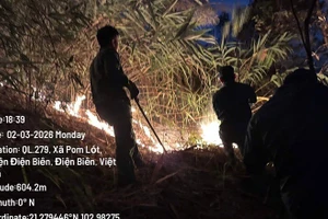 Kiểm lâm viên địa bàn cùng nhân dân xã Thanh Yên chung sức chữa cháy rừng tại khu vực bản U-Va, xã Thanh Yên. (Ảnh: Kiểm lâm Điện Biên cung cấp)