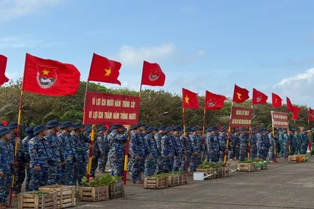 Quân dân đặc khu Trường Sa hưởng ứng Tết trồng cây đời đời nhớ ơn Bác Hồ. (Ảnh: CTV)