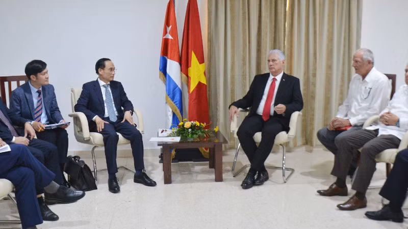 Đồng chí Lê Hoài Trung hội kiến Bí thư thứ nhất, Chủ tịch nước Miguel Diaz-Canel. (Ảnh: TTXVN)