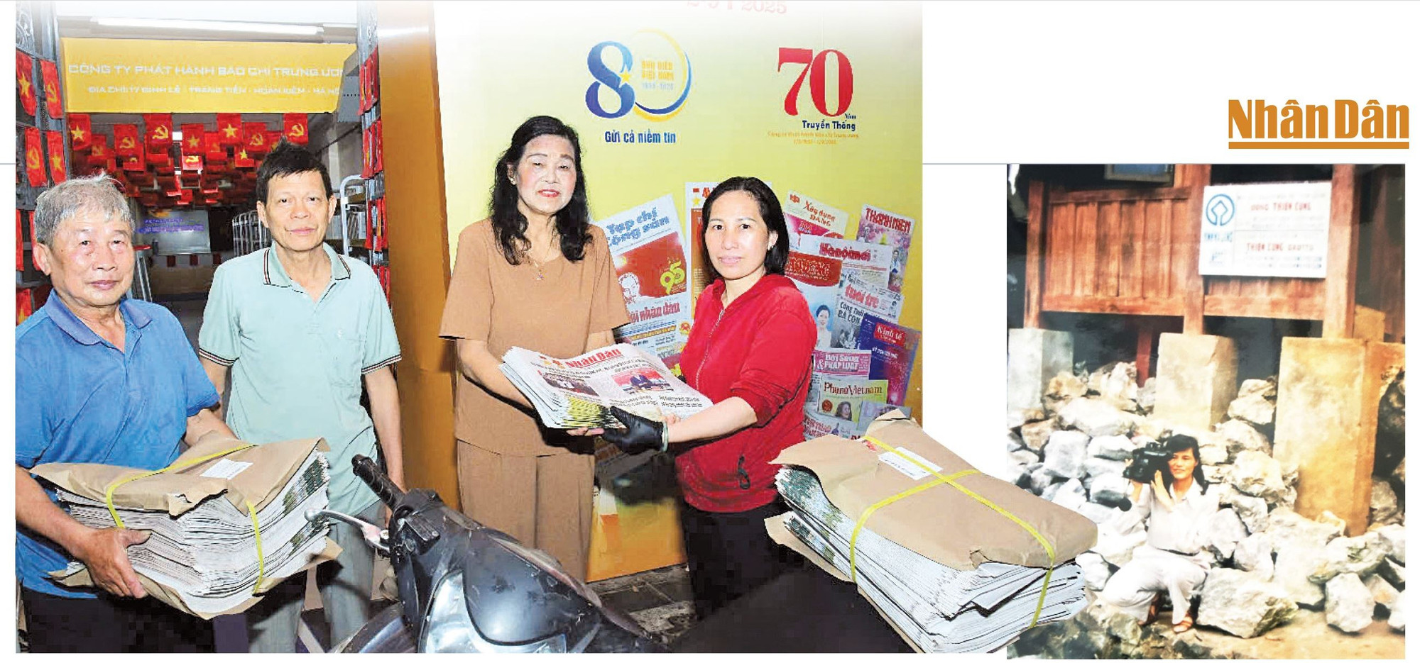 Từ cô bộ đội (ảnh bên phải) chuyển sang làm báo và cho đến bây giờ dù đã bước sang tuổi 79, bà Mai Nhiễu vẫn đam mê phát hành báo. (Ảnh: NVCC)