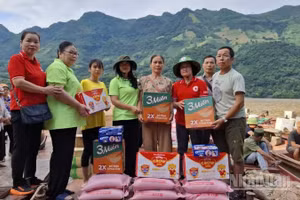 Trao tặng nhu yếu phẩm thiết yếu cho người dân vùng lũ.