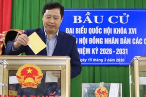 Đồng chí Dương Quốc Huy, Ủy viên Trung ương Đảng, Bí thư Tỉnh ủy tham gia bỏ phiếu. (Ảnh: THANH SƠN)