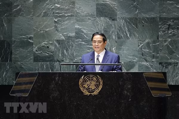 Thủ tướng Phạm Minh Chính phát biểu tại Phiên thảo luận chung cấp cao Khóa 78 Đại hội đồng Liên hợp quốc. (Ảnh: TTXVN)