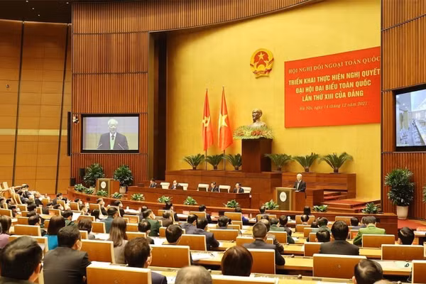 Tổng Bí thư Nguyễn Phú Trọng phát biểu chỉ đạo tại Hội nghị Đối ngoại toàn quốc, ngày 14/12/2021. (Ảnh: TTXVN)