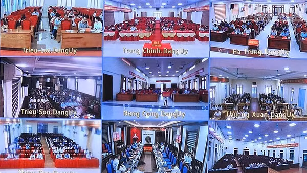 Các đại biểu tham gia nghiên cứu, quán triệt nghị quyết tại các điểm cầu trực tuyến. (Ảnh: Mai Luận)