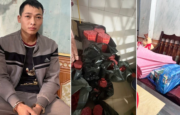 Đối tượng Đoàn Sỹ Duy và tang vật vụ án. (Ảnh: Công an Hải Phòng)