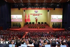 Các đại biểu biểu quyết thông qua Nghị quyết Đại hội XIV của Đảng. (Ảnh: TTXVN)