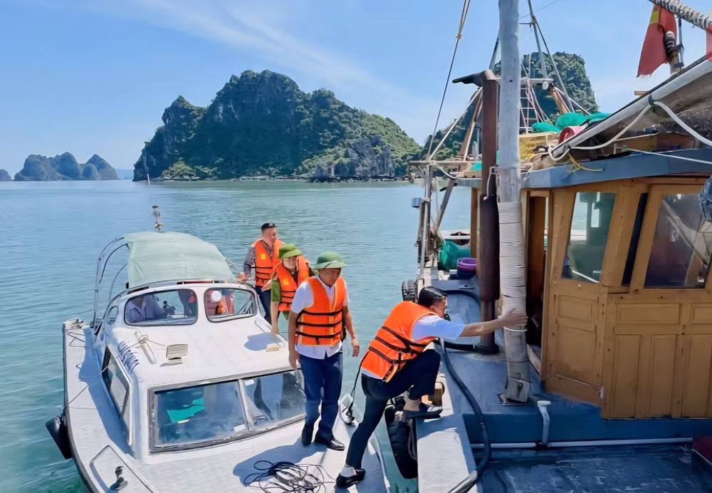 Các lực lượng kiểm tra, vận động nhân dân chèo chống tàu thuyền phòng chống bão số 9. Ảnh: Bộ đội Biên phòng tỉnh Quảng Ninh