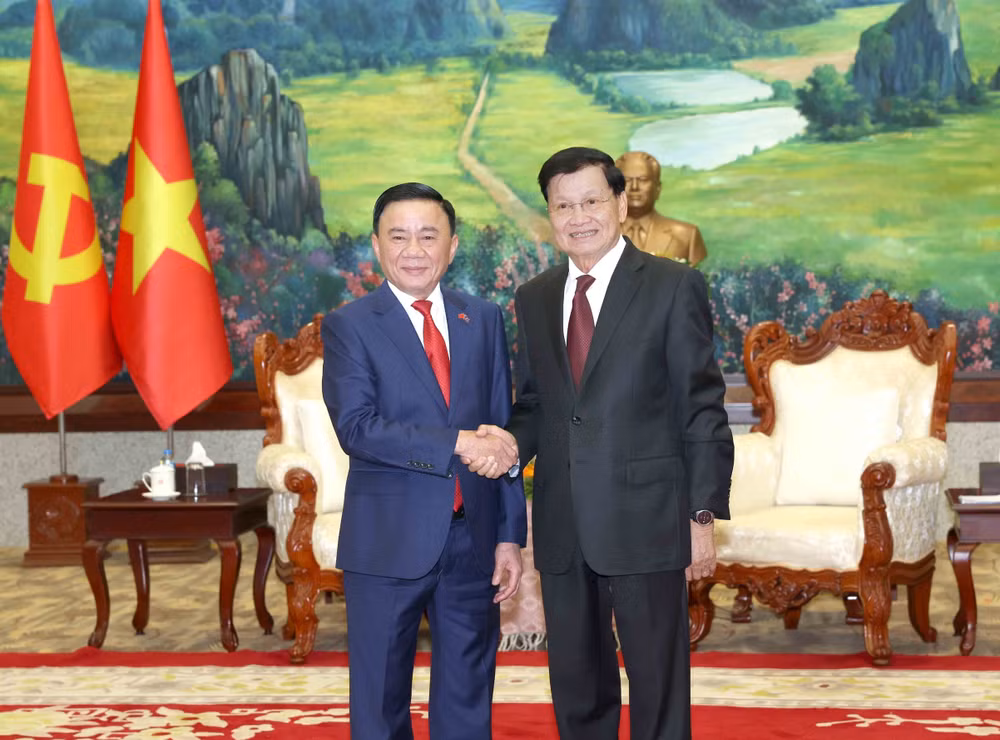 Thường trực Ban Bí thư Trần Cẩm Tú hội kiến Tổng Bí thư, Chủ tịch nước Lào Thongloun Sisoulith. (Ảnh: TTXVN)
