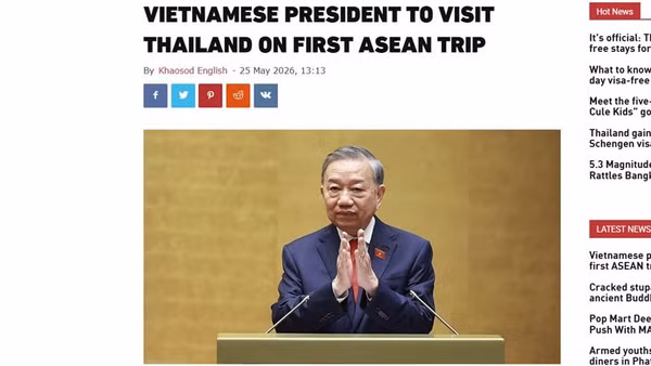Báo Khaosod đăng tải thông tin về chuyến thăm Thái Lan của Tổng Bí thư, Chủ tịch nước Tô Lâm. (Ảnh chụp màn hình)