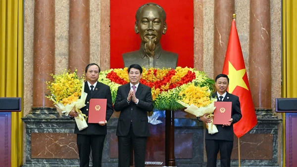 Chủ tịch nước Lương Cường trao quyết định bổ nhiệm Phó Chánh án Tòa án Nhân dân tối cao. (Ảnh THỦY NGUYÊN)