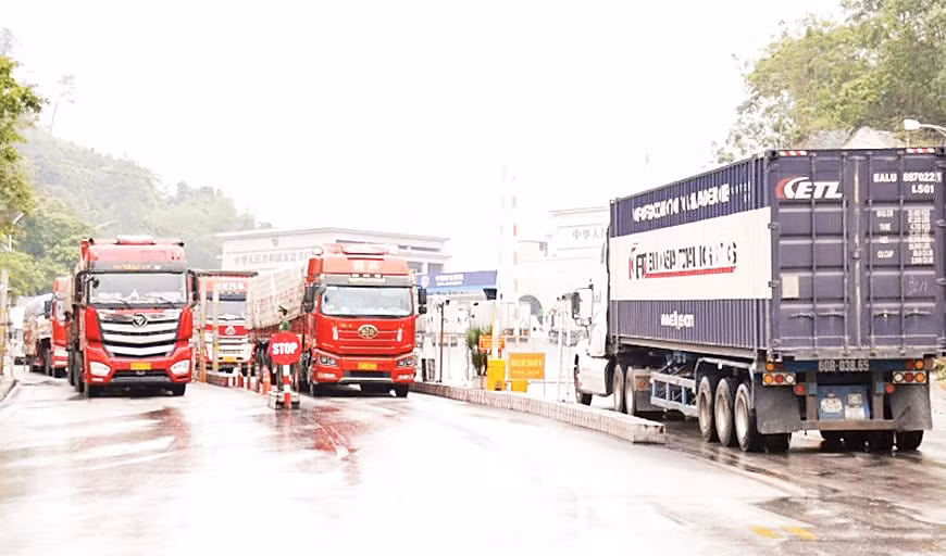 Các xe container chở hàng hóa nông sản thông quan tại Cửa khẩu quốc tế Hữu nghị (Lạng Sơn) ngày 5/2. (Ảnh MAI PHƯƠNG)