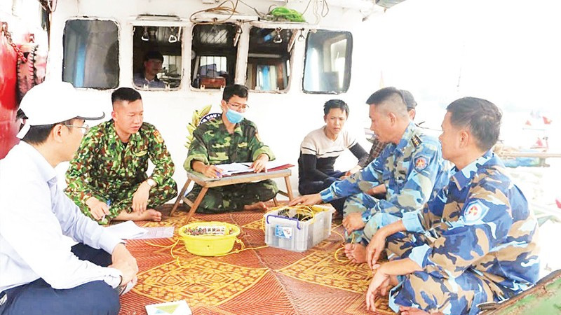 Lực lượng chức năng kiểm tra, xử lý tàu vi phạm tại bến cá.