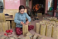 Người dân làng nghề Thới Long đan lọp.