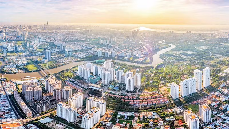 Xã Nhà Bè nhìn từ trên cao. (Ảnh UBND xã Nhà Bè cung cấp)