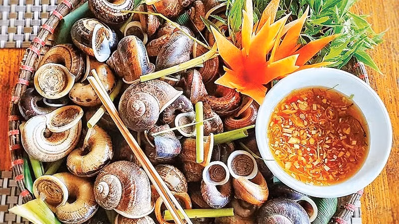 Món ốc núi Tây Ninh luộc sả gừng.