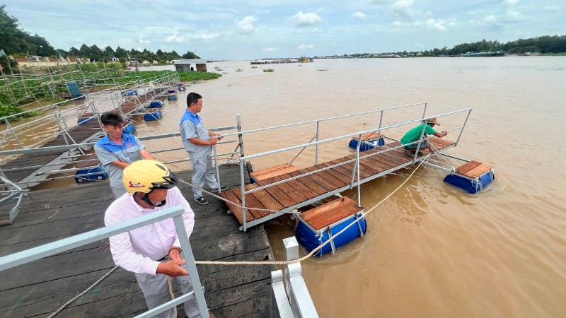 Ông Trương Minh Hải làm các cầu phao bao quanh khu vực bến sông đình vừa bảo vệ cá, vừa làm lối đi cho khách tham quan.