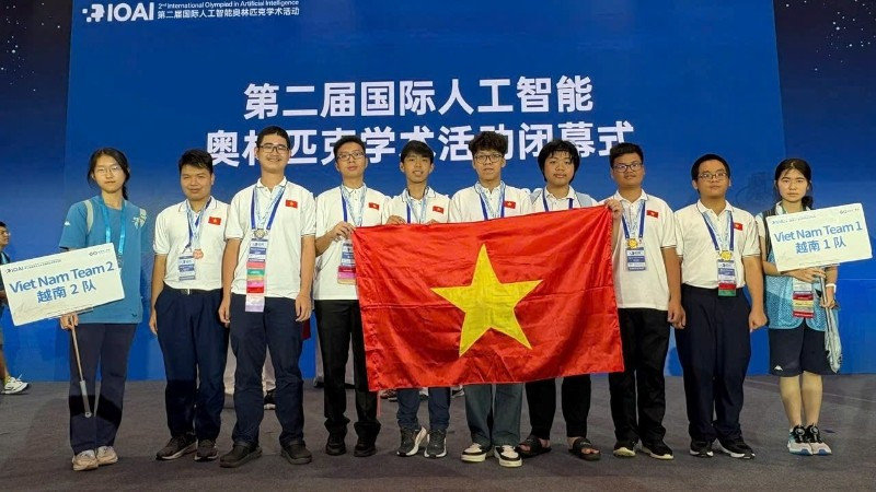 Đội tuyển quốc gia Việt Nam tham dự Olympic trí tuệ nhân tạo Quốc tế (IOAI) 2025 tại Bắc Kinh, Trung Quốc. (Ảnh: NGỌC DIỆP)