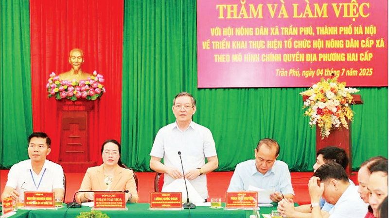 Đồng chí Lương Quốc Đoàn phát biểu tại buổi làm việc với Hội Nông dân xã Trần Phú (Hà Nội).