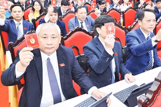 Các đại biểu dự Đại hội Đảng bộ Văn phòng Trung ương Đảng nhiệm kỳ 2025-2030 biểu quyết thông qua Nghị quyết Đại hội. (Ảnh: THỦY NGUYÊN)