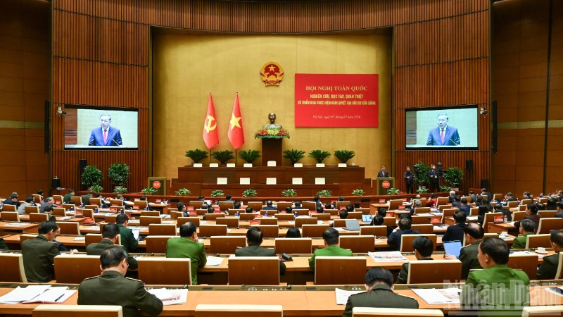 Quang cảnh Hội nghị toàn quốc nghiên cứu, học tập, quán triệt và triển khai thực hiện Nghị quyết Đại hội XIV của Đảng. (Ảnh: DUY LINH)