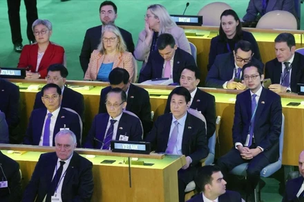 Chủ tịch nước Lương Cường cùng các thành viên đoàn Việt Nam tham dự Phiên họp cấp cao Kỷ niệm 80 năm thành lập Liên hợp quốc. (Ảnh: TTXVN) 