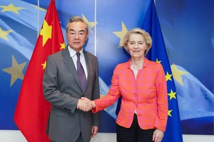 Bộ trưởng Ngoại giao Trung Quốc và Chủ tịch Ủy ban châu Âu trong cuộc gặp tại Brussels. (Ảnh: TÂN HOA XÃ)