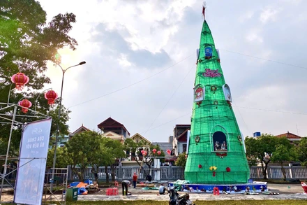 Giáo dân trang hoàng cây thông chào đón Giáng sinh tại Nhà thờ Phát Diệm, góp phần thu hút du khách. (Ảnh: VĂN LÚA)