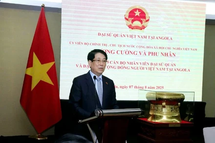 Chủ tịch nước Lương Cường phát biểu tại buổi gặp gỡ cán bộ, nhân viên Đại sứ quán và cộng đồng người Việt Nam tại Angola.