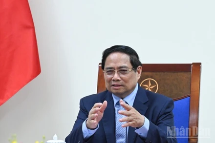 Thủ tướng Chính phủ Phạm Minh Chính điện đàm với Thủ tướng Cộng hòa Liên bang Đức Friedrich Merz. (Ảnh: Trần Hải)