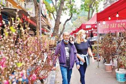 Chợ hoa Hàng Lược thu hút nhiều khách quốc tế đến khám phá.