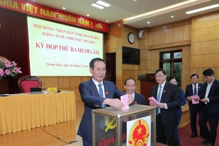 Các đại biểu Hội đồng nhân dân tỉnh Thanh Hóa khóa XVIII thực hiện bầu cử.