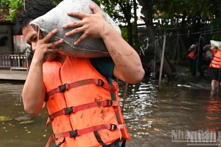 Từ 16 giờ ngày 24/10, các hộ dân đã chuẩn bị bao cát gia cố trước nhà ngăn triều cường dâng.