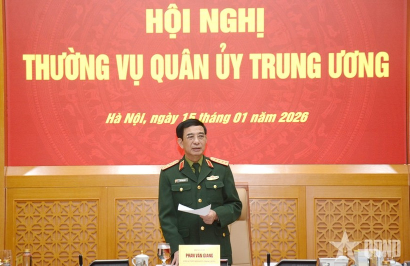 Đại tướng Phan Văn Giang chủ trì Hội nghị Thường vụ Quân ủy Trung ương. (Nguồn: qdnd.vn)