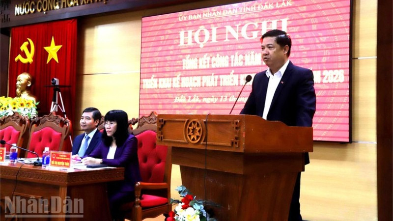 Bí thư Tỉnh ủy Đắk Lắk Lương Nguyễn Minh Triết phát biểu chỉ đạo tại hội nghị tổng kết năm 2025, triển khai kế hoạch phát triển kinh tế-xã hội năm 2026 do Ủy ban nhân dân tỉnh tổ chức.