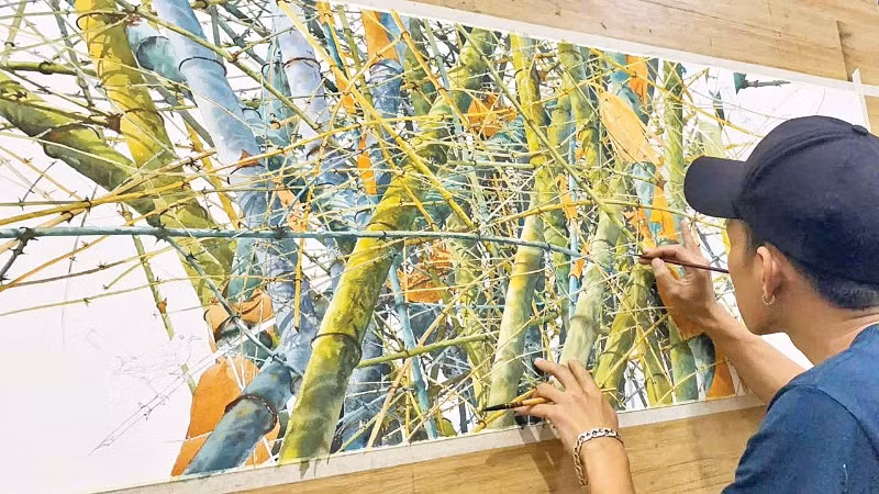 Một tác phẩm mầu nước về cây tre của họa sĩ Phan Vũ Tuấn.