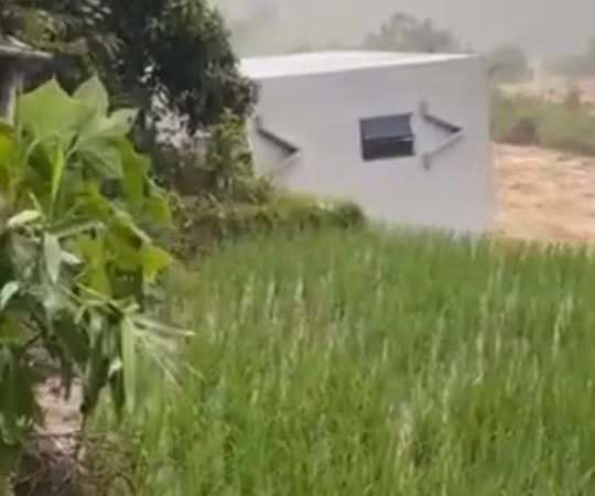 Nhà dân bị lũ làm sập. (Ảnh cắt từ clip)