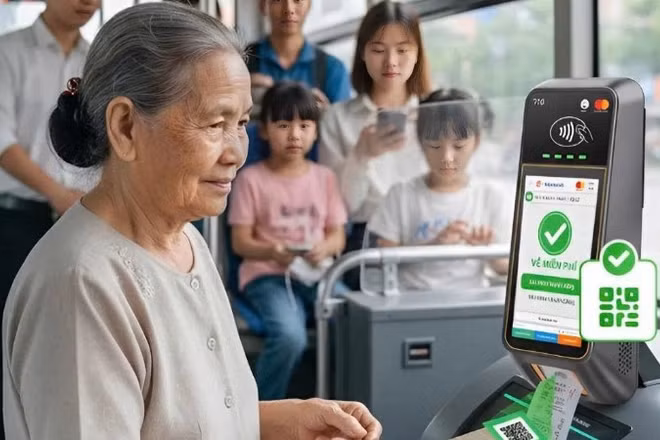 Hành khách từ đủ 60 tuổi trở lên dùng căn cước công dân loại có mã QR hoặc tài khoản VNeID hợp lệ để nhận vé tự động. (Ảnh: Trung tâm Quản lý Giao thông công cộng)