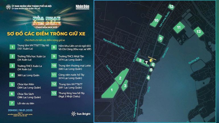 Sơ đồ các điểm trông giữ xe phục vụ chương trình Hòa nhạc ánh sáng.