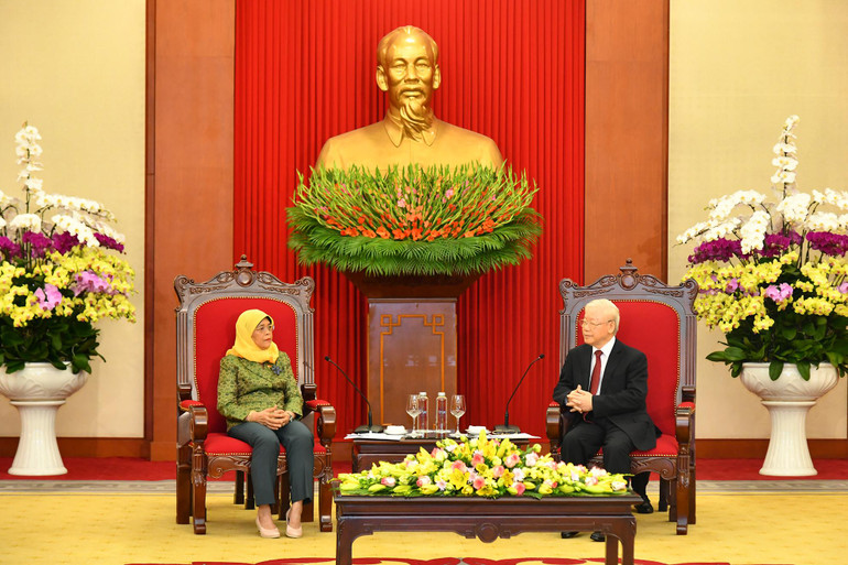 [Ảnh] Tổng Bí thư Nguyễn Phú Trọng tiếp Tổng thống Cộng hòa Singapore Halimah Yacob ảnh 2