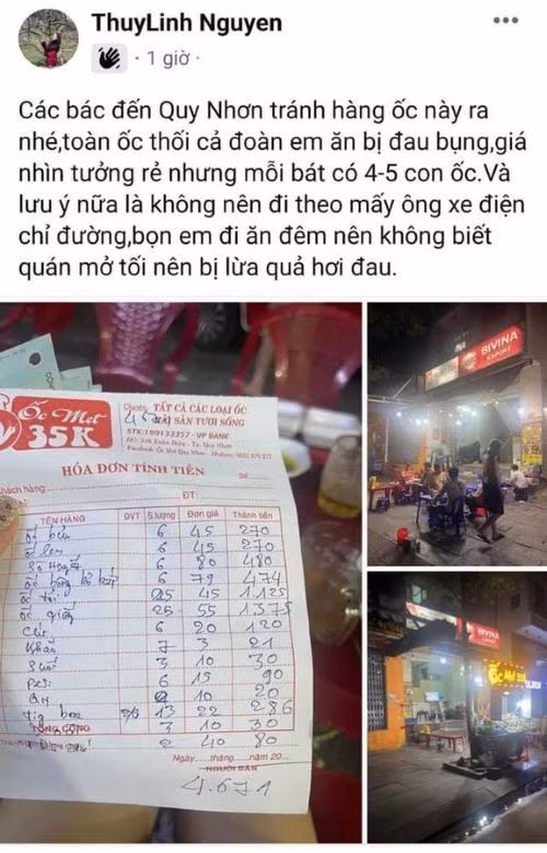 Thông tin về quán ốc tại Quy Nhơn bị du khách "chê" được cộng đồng mạng chia sẻ. (Ảnh chụp màn hình)