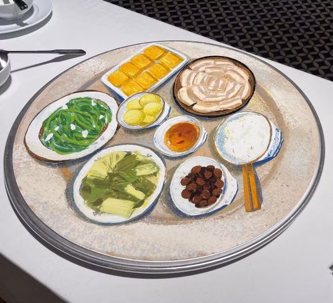 Một tác phẩm hội họa về bữa cơm gia đình Việt Nam bình dị.