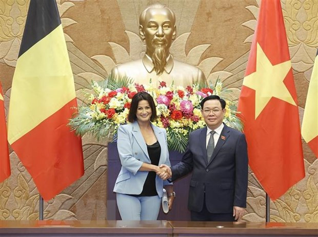Chủ tịch Quốc hội Vương Đình Huệ và Chủ tịch Thượng viện Vương quốc Bỉ Stéphanie D&apos;Hose. (Ảnh: Doãn Tấn - TTXVN)