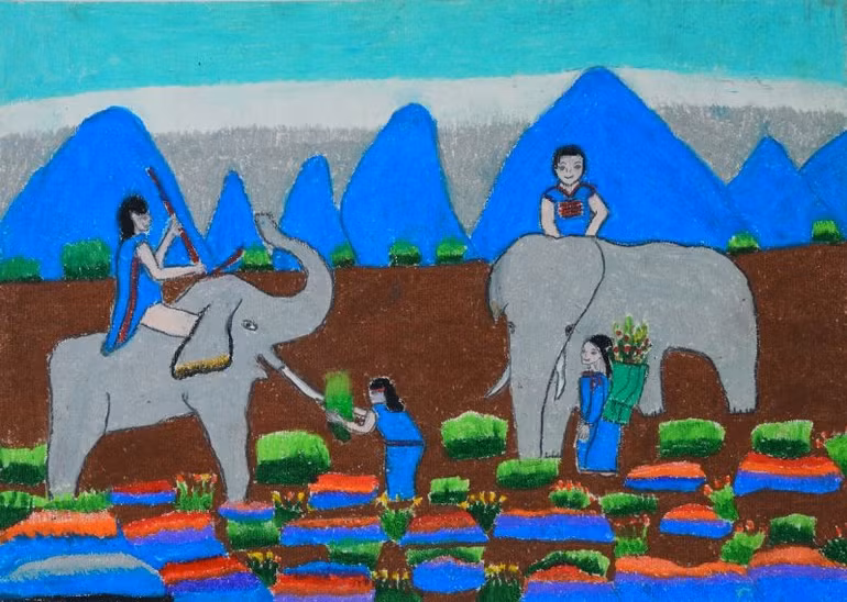 Tác phẩm “Hai con voi” của tác giả Y Luy, Trường Tiểu học Nhà May Mắn, huyện Krông Nô, Đắk Nông.