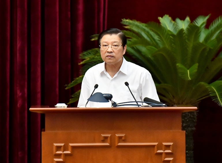 Đồng chí Phan Đình Trạc, Ủy viên Bộ Chính trị, Trưởng Ban Nội chính Trung ương phát biểu tại hội nghị. (Ảnh: Đăng Khoa)