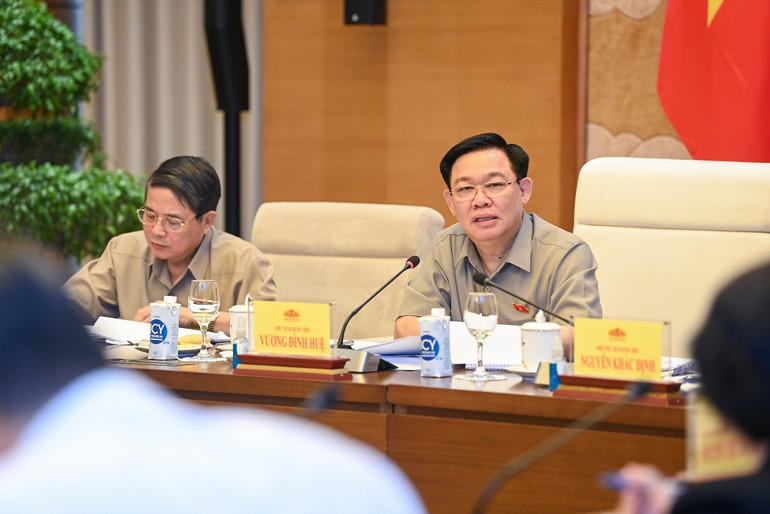 Chủ tịch Quốc hội Vương Đình Huệ cho ý kiến vào nội dung báo cáo, gợi mở một số vấn đề thảo luận tại buổi làm việc.