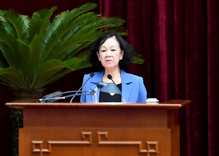 Đồng chí Trương Thị Mai, Ủy viên Bộ Chính trị, Thường trực Ban Bí thư, Trưởng Ban Tổ chức Trung ương phát biểu tại hội nghị. (Ảnh: Đăng Khoa)